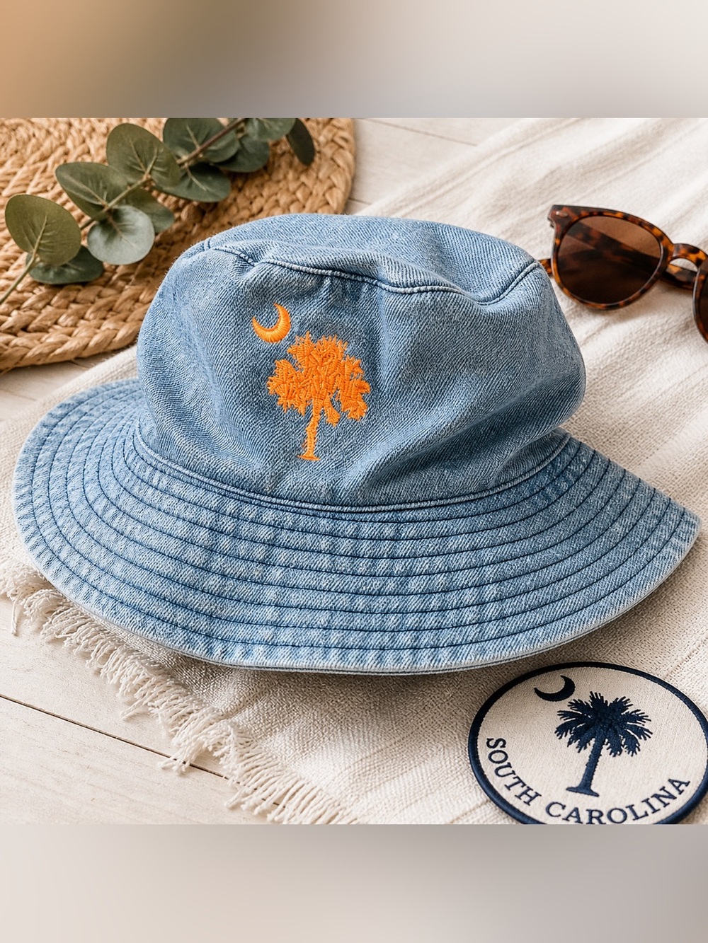 South Carolina Palmetto Tree Denim Bucket Hat Orange Embroidered Crescent Moon